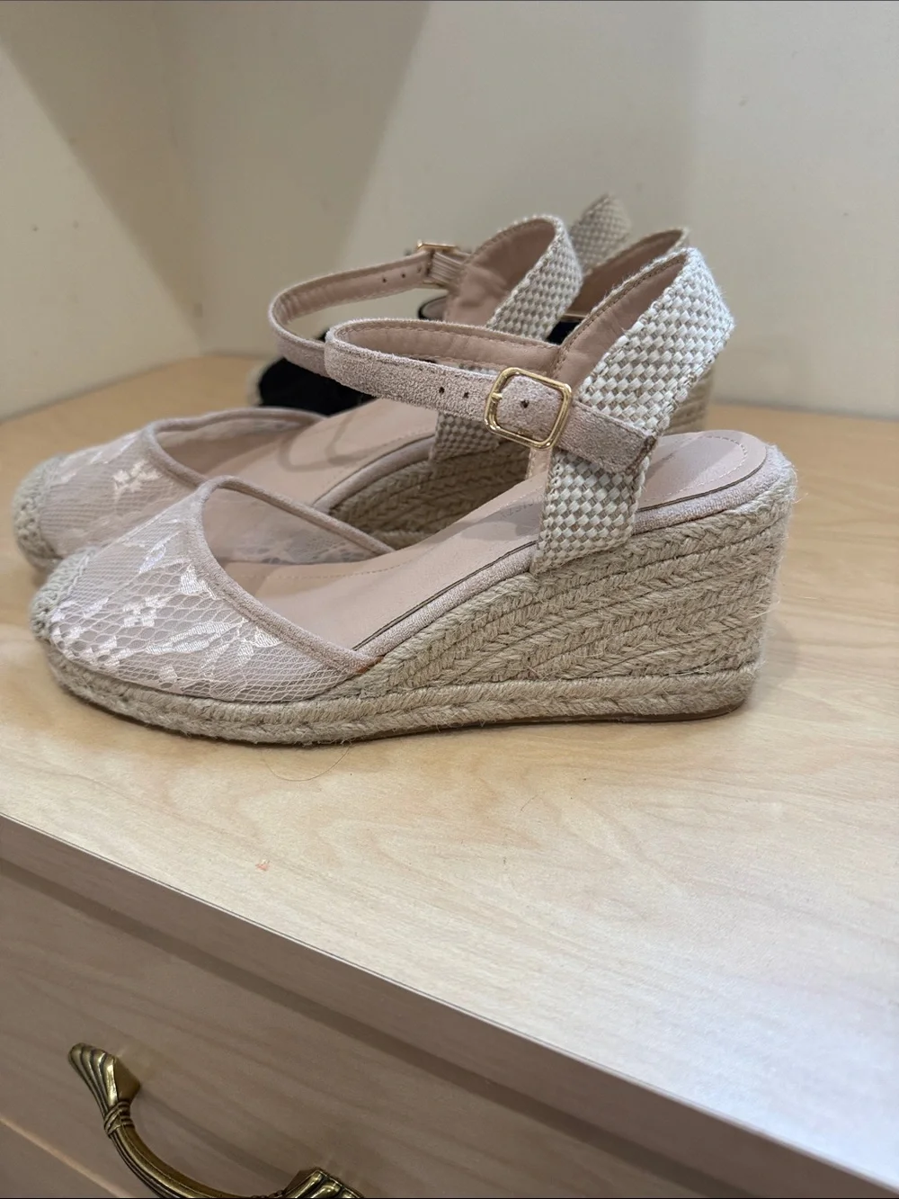 Charles & Keith Lace Espadrille Slingbacks in Beige and Black